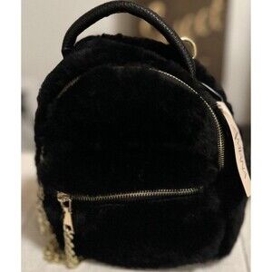 Faux BlackFuzzy Purse Women Plush Handbag w/Chunky Chain On Front Zipper Small